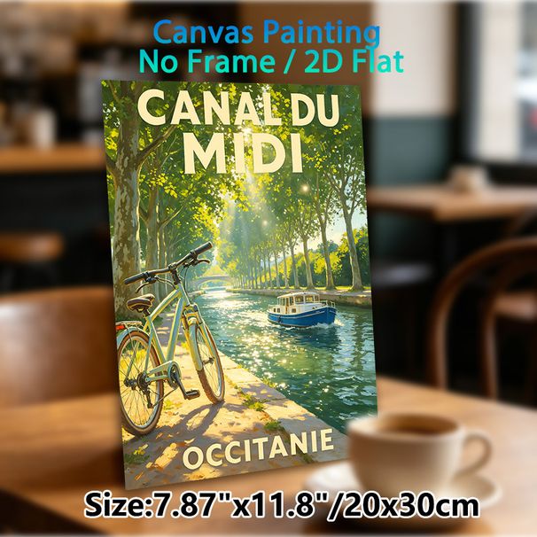 Canal Du Midi Themed Painting Poster, Warm Sunlit Riverside With Bicycle & Boat Poster, Tranquil Scenic Artwork Ideal For Living Room, Bedroom_maomaolike.com