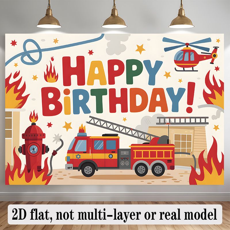 Fire Truck Birthday Party Banner - 2D Flat Polyester Backdrop, Wall Hanging Photo Props, Fire Truck Theme Party Decor_maomaolike.com