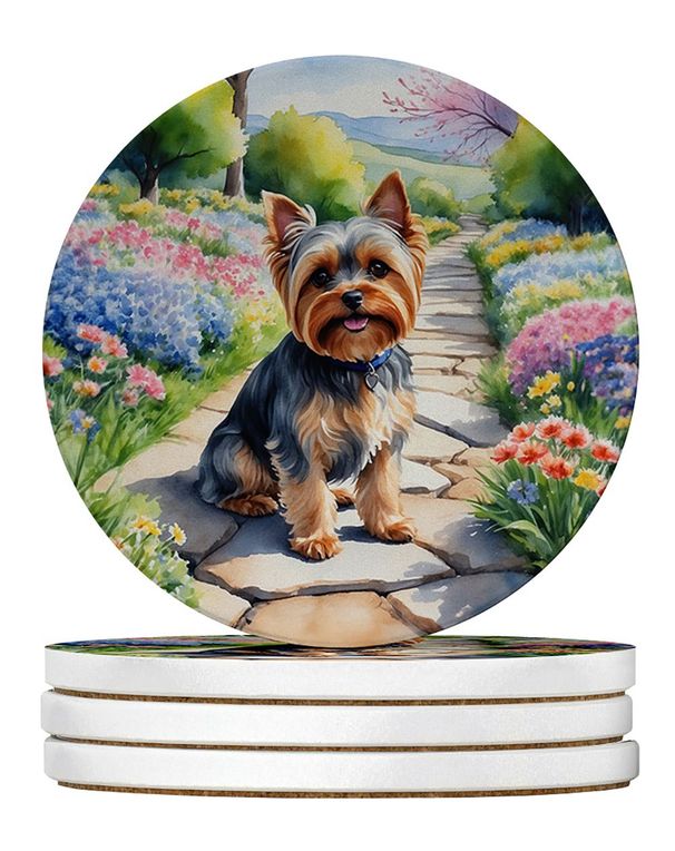 Yorkshire Terrier Spring Path Large Sandstone Coasters Pack Of 4 Absorbent Round Coasters Decor Gifts For Men Or Women, 4 In, Multicolor_maomaolike.com