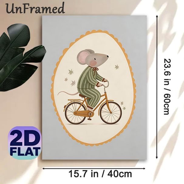 Mouse Riding Bicycle Painting Poster, Warm-toned Cute Cartoon Poster, Whimsical Design Of Mouse In Striped Pajamas On Bicycle With Star Accents_maomaolike.com