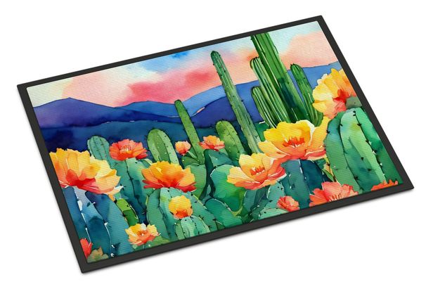 Arizona Saguaro Cactus Blossom In Watercolor Doormat Front Door Mat Indoor Outdoor Rugs For Entryway, Non Slip Washable Low Pile, 24H X 36W_maomaolike.com