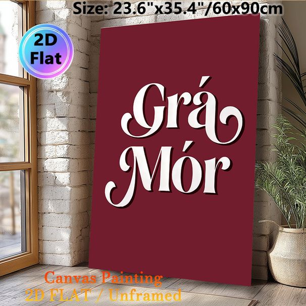 Grá Mór Typography Painting Poster, Deep Burgundy Background With White Ornate Script Poster, Stylish Wall Decor For Living Room, Bedroom_maomaolike.com