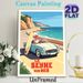Coastal Road Trip Painting Poster, Vintage-style Retro Convertible With Surfboard On Seaside Cliff Road Poster, Warm Nostalgic Vibe For Living Room_maomaolike.com
