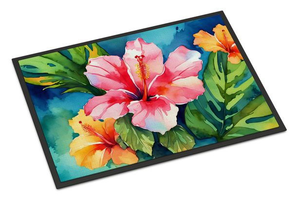 Hawaii Hawaiian Hibiscus In Watercolor Doormat Front Door Mat Indoor Outdoor Rugs For Entryway, Non Slip Washable Low Pile, 24H X 36W_maomaolike.com