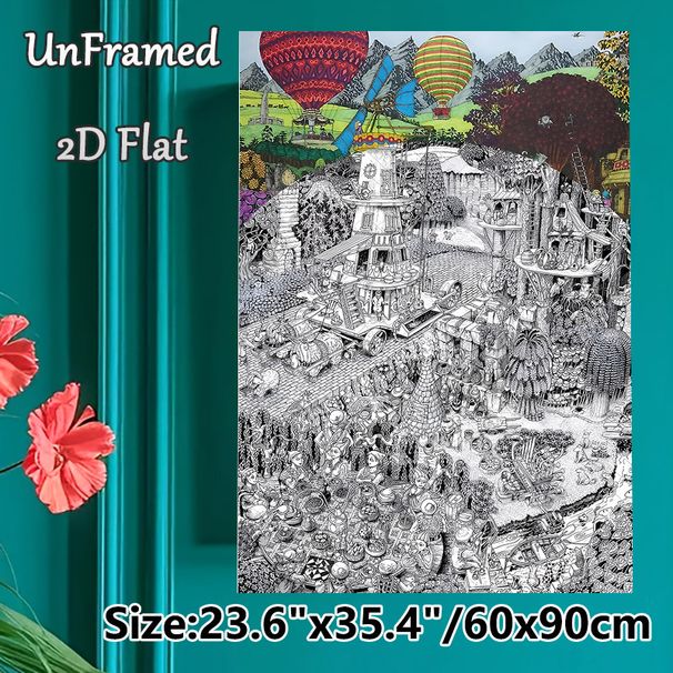 Whimsical Fantasy Market & Hot Air Balloon Painting Poster, Intricate Monochrome Detailed Bustling Scene Poster, Artistic Wall Decor For Home, Living_maomaolike.com