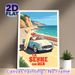 Coastal Road Trip Painting Poster, Vintage-style Retro Convertible With Surfboard On Seaside Cliff Road Poster, Warm Nostalgic Vibe For Living Room_maomaolike.com