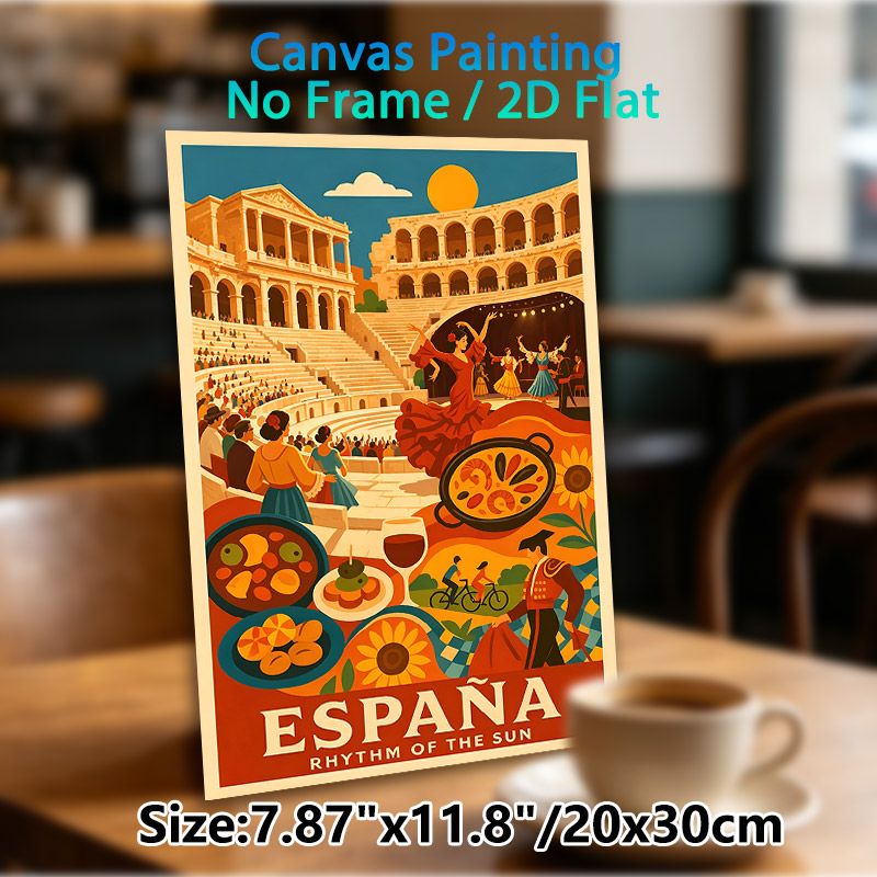 Spanish Culture Themed Painting Poster, Vibrant Retro Style Poster, Features Lively Flamenco Dance, Classic Spanish Dishes And Iconic Arena, Suitable_maomaolike.com