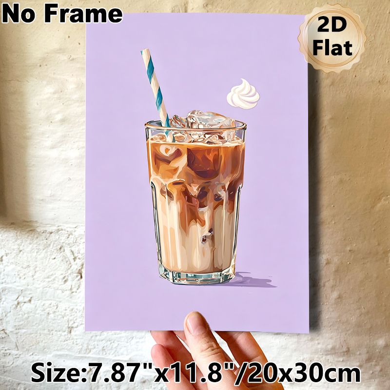 Iced Coffee Painting Poster, Vibrant Stylized Iced Coffee With Ice Cubes And Striped Straw Poster, Cozy Beverage-themed Decor Ideal For Cafe, Kitchen_maomaolike.com