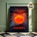 "SINNERS" Dark Themed Painting Poster, Moody Surreal Scene With Glowing Red Orb And Dimly Lit Cabin Poster, Atmospheric Dramatic Artwork Ideal For_maomaolike.com