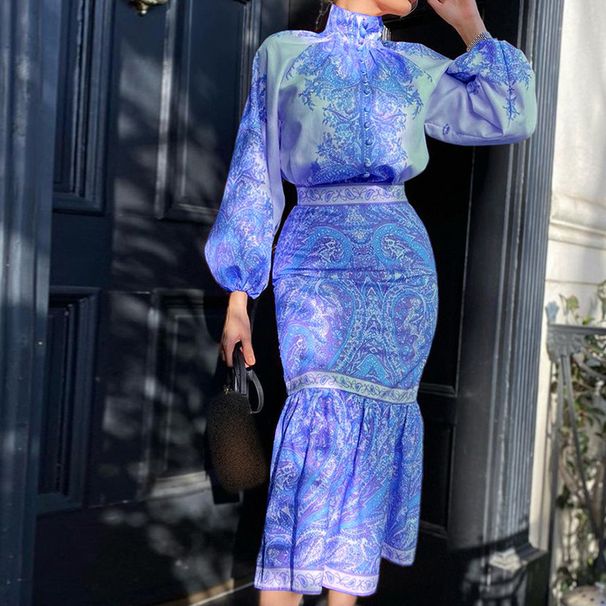 Women'S Autumn New Bohemian Printed Top Mid-Length Covered Arm Skirt Suit for Women_maomaolike.com