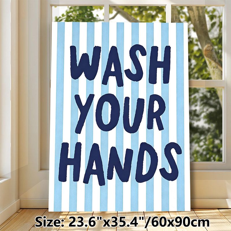 Hand Washing Reminder Painting Poster, Light Blue Vertical Striped Poster With Dark Blue Handwritten Text, Practical Hygiene Prompt Suitable For_maomaolike.com