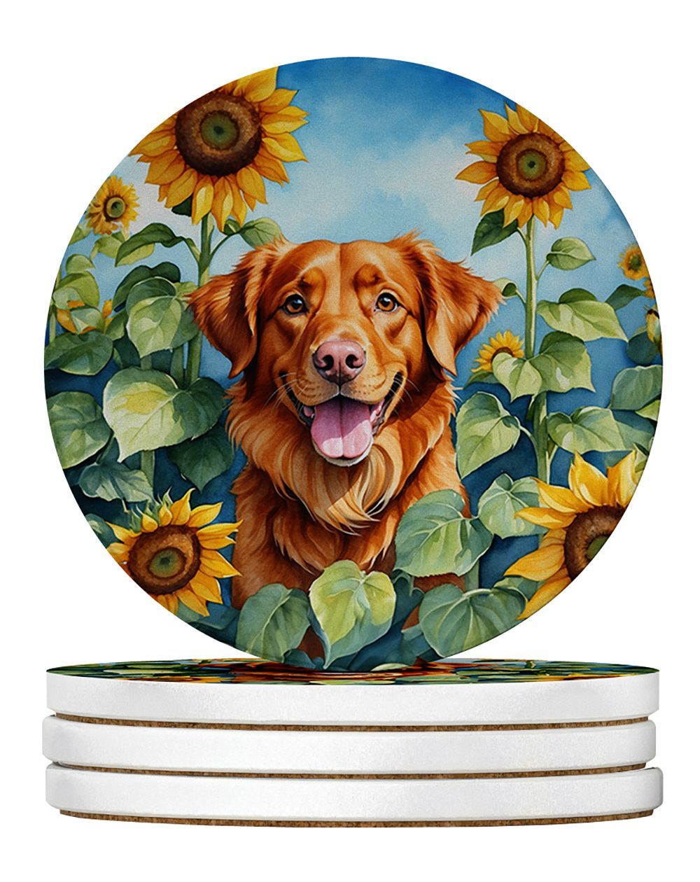 Nova Scotia Duck Toller In Sunflowers Large Sandstone Coasters Pack Of 4 Absorbent Round Coasters Decor Gifts For Men Or Women, 4 In, Multicolor_maomaolike.com