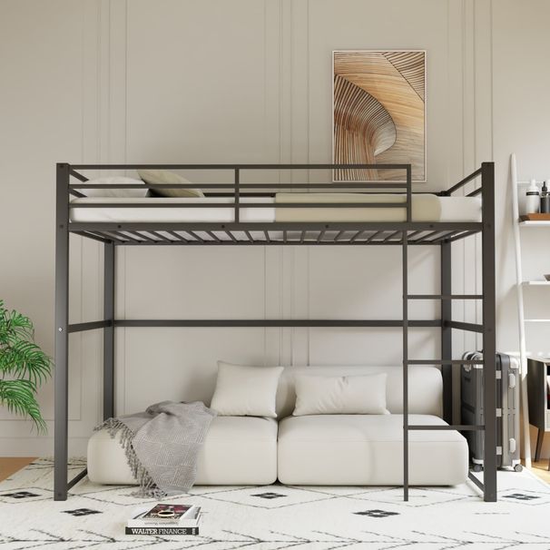 Metal Loft Bed Twin Size, Loft Bed Frame With Safety Guard Rails & Flat Ladder, Twin Loft Bed For Kids Teens Adults, Black_maomaolike.com