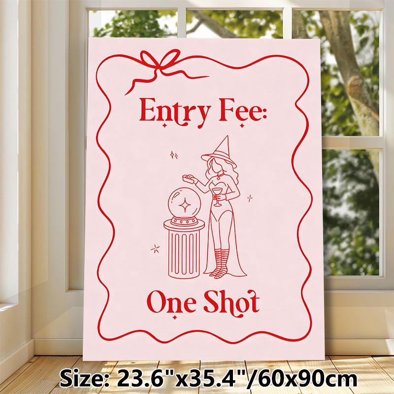 Witch Themed "Entry Fee: One Shot" Painting Poster, Minimalist Red Line Art Poster, Playful Witch With Crystal Ball Design, Fun Party Decor For Home_maomaolike.com