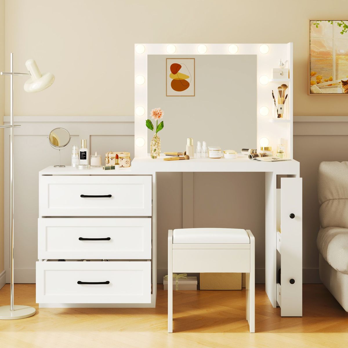 55.2" Vanity Desk With Freely Adjustable Side Cabinet, Makeup Vanity With Hollywood Lights, 5 Storage Drawers & 2-shelves, Modern Dressing Table, White_maomaolike.com