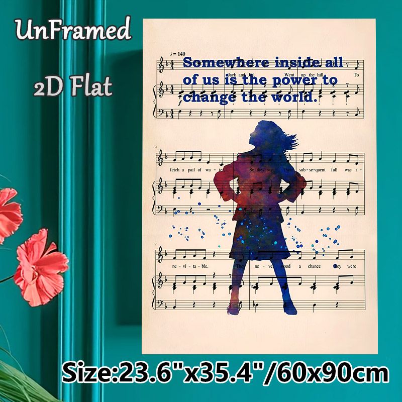 Inspirational Music Sheet Painting Poster, Vibrant Watercolor Woman Silhouette On Vintage Music Notes Poster, Motivational Quote Decor, Ideal For_maomaolike.com