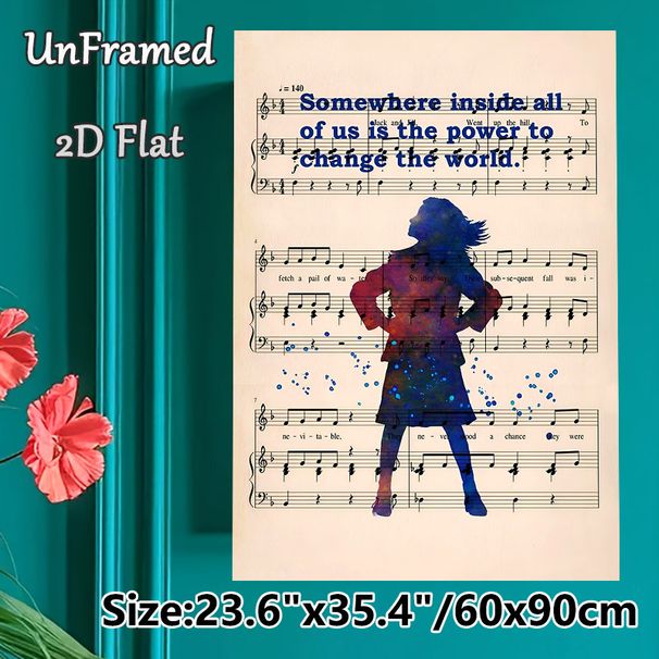 Inspirational Music Sheet Painting Poster, Vibrant Watercolor Woman Silhouette On Vintage Music Notes Poster, Motivational Quote Decor, Ideal For_maomaolike.com