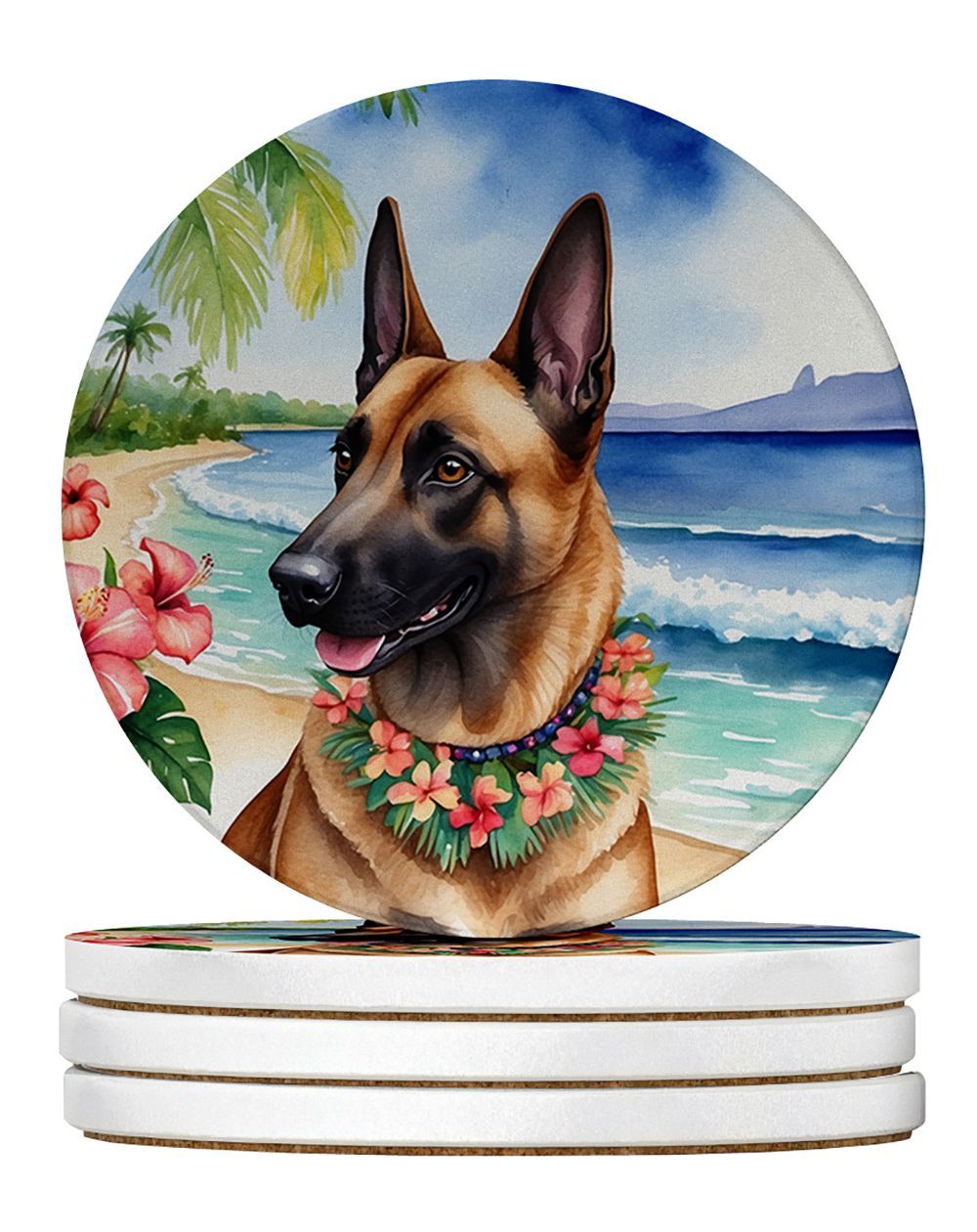 Belgian Malinois Luau Large Sandstone Coasters Pack Of 4 Absorbent Round Coasters Decor Gifts For Men Or Women, 4 In, Multicolor_maomaolike.com