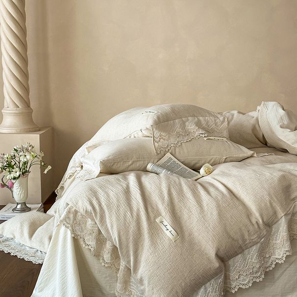 Wholesale INS French Retro Lace Trim Pure Four-Piece Princess Style Full Cotton Linen Double Layer Gauze 4-Piece Set_maomaolike.com