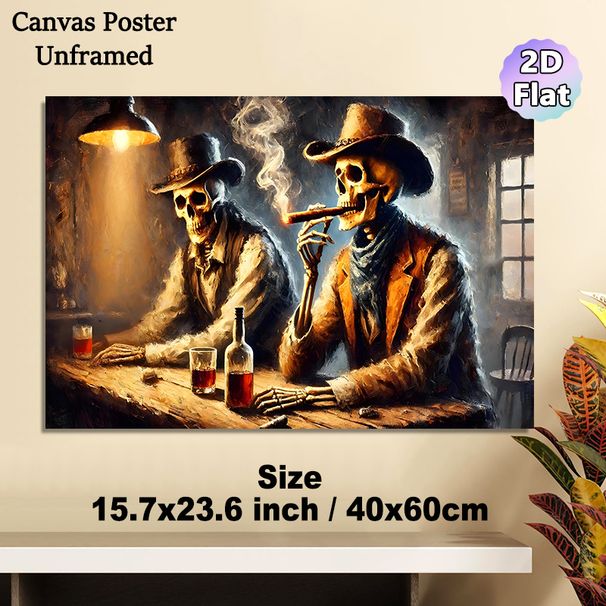 Cowboy Skeleton Painting Poster, Vintage Dark Moody Western Oil Painting Poster, Rustic Saloon Scene With Skeleton Cowboys, Artistic Wall Decor For_maomaolike.com