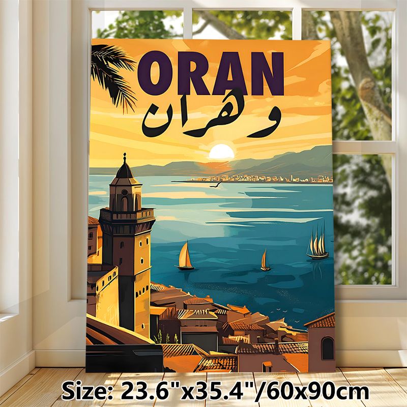Oran Coastal City Sunset Painting Poster, Vibrant Retro-style Warm Sunset Over Coastal Town With Sailboats Poster, Nostalgic Travel Vibe Decor For_maomaolike.com