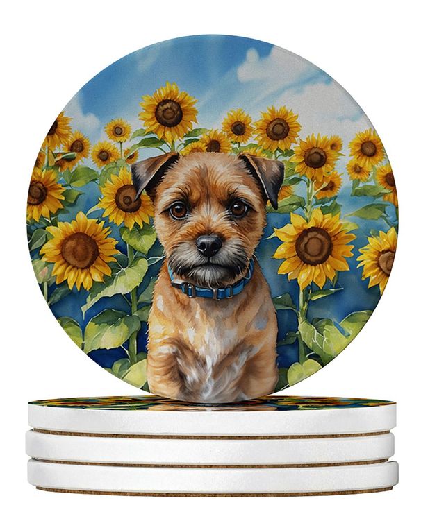Border Terrier In Sunflowers Large Sandstone Coasters Pack Of 4 Absorbent Round Coasters Decor Gifts For Men Or Women, 4 In, Multicolor_maomaolike.com