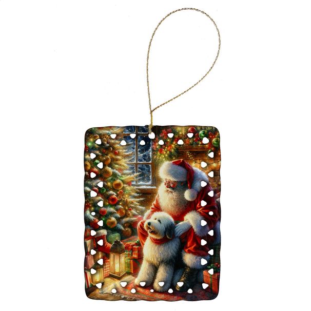 Old English Sheepdog And Santa Claus Porcelain Ornament Christmas Tree Hanging Decorations For Home Christmas Holiday, Rectangle, Gift, Multicolor_maomaolike.com
