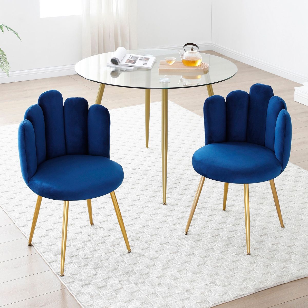 Modern Velvet Dining Chairs Set Of 2, Upholstered Woven Dining Chair With Golden Metal Legs, Upholstered Dining Chairs For Dining Room, Kitchen, Vanity, Living Room BLUE_maomaolike.com