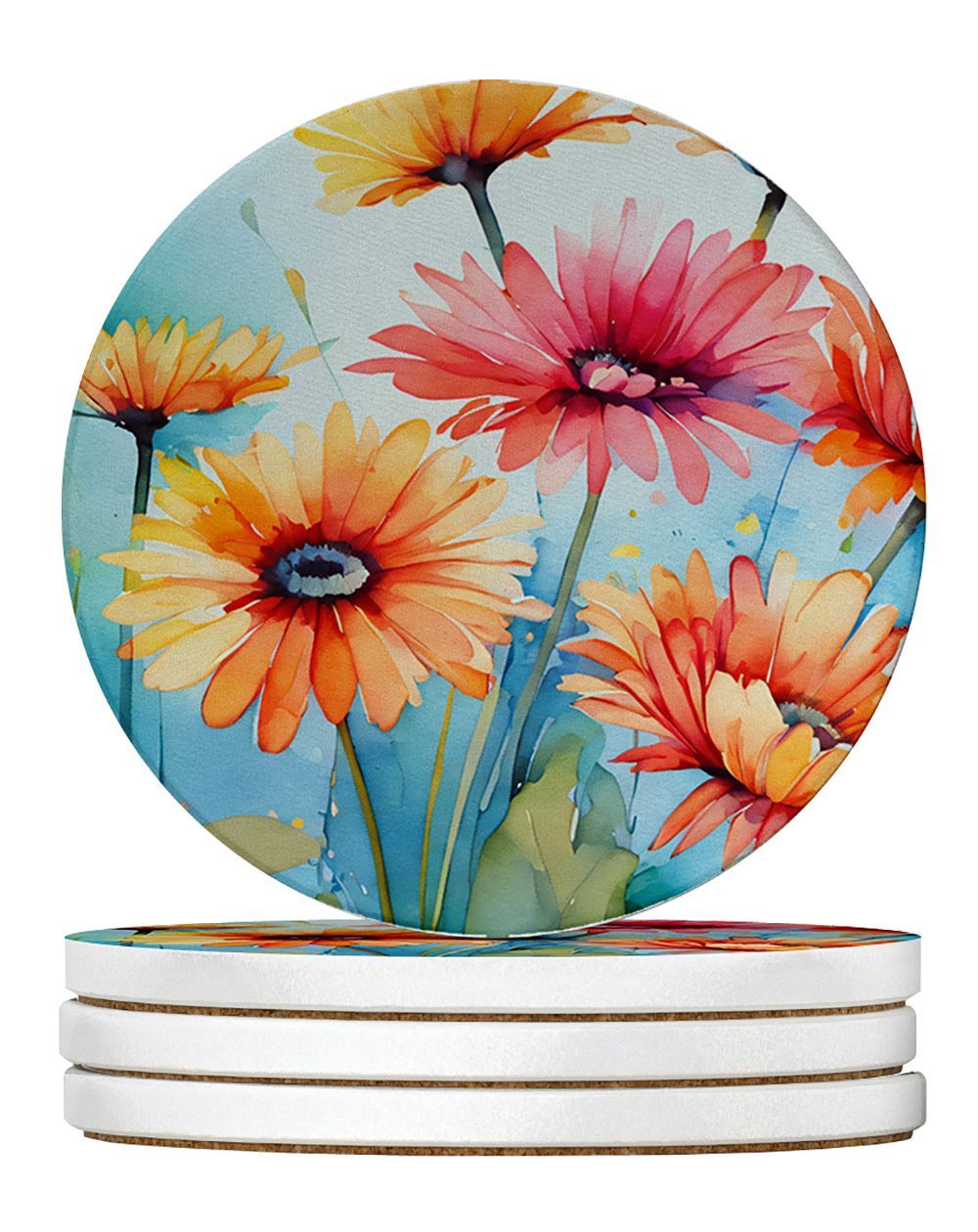 Gerbera Daisies In Watercolor Large Sandstone Coasters Pack Of 4 Absorbent Round Coasters Decor Gifts For Men Or Women, 4 In, Multicolor_maomaolike.com