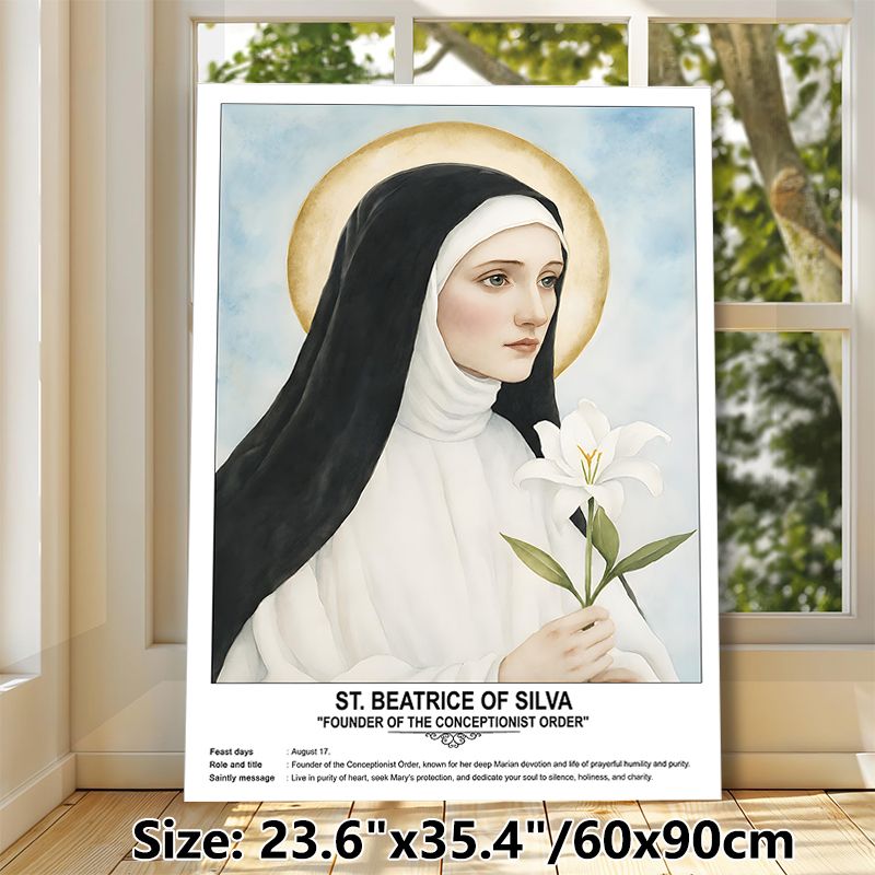 St. Beatrice Of Silva Painting Poster, Serene Watercolor Holy Figure With Lily & Halo Poster, Inspirational Religious Decor Ideal For Home, Prayer_maomaolike.com