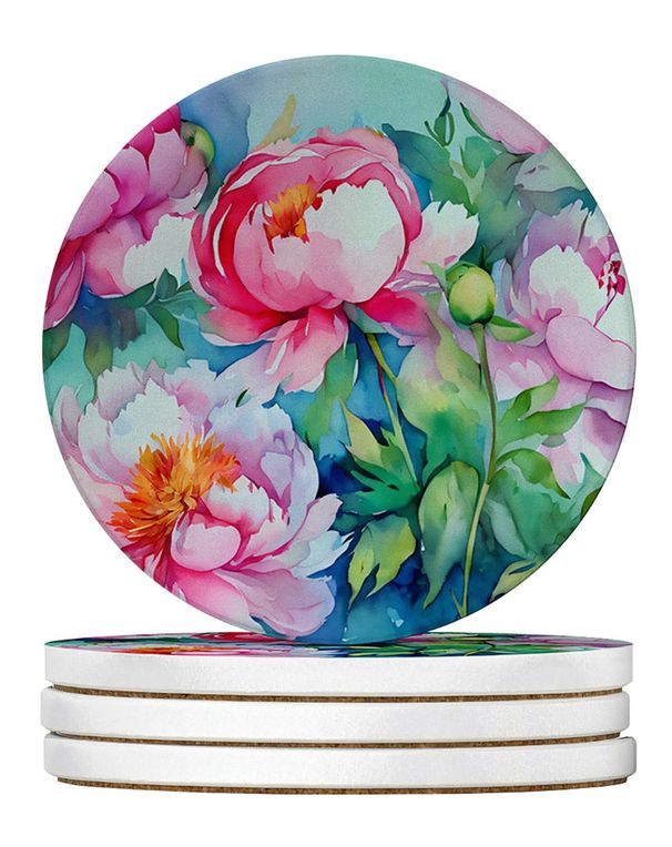 Peonies In Watercolor Large Sandstone Coasters Pack Of 4 Absorbent Round Coasters Decor Gifts For Men Or Women, 4 In, Multicolor_maomaolike.com