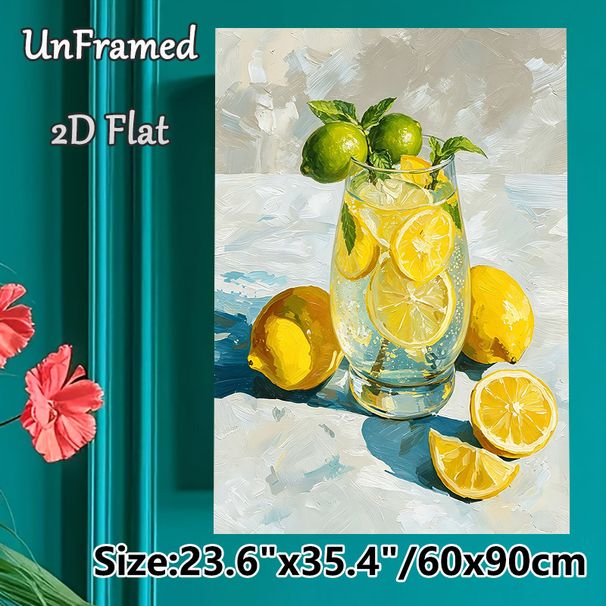Lemon Drink Still Life Painting Poster, Vibrant Impasto-style Citrus & Lemonade Glass Poster, Fresh Visual Appeal For Kitchen, Dining Room Decor_maomaolike.com