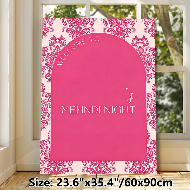 Mehndi Night Themed Painting Poster, Elegant Pink Damask Bordered Poster, Warm Welcome Decor Perfect For Traditional Mehndi Night Gatherings_maomaolike.com