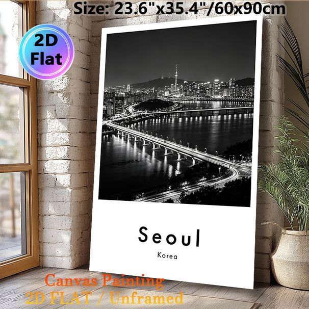 Seoul Night Cityscape Painting Poster, Monochrome Urban River & Bridge Skyline Poster, Stylish City Night View Decor Suitable For Living Room, Office_maomaolike.com