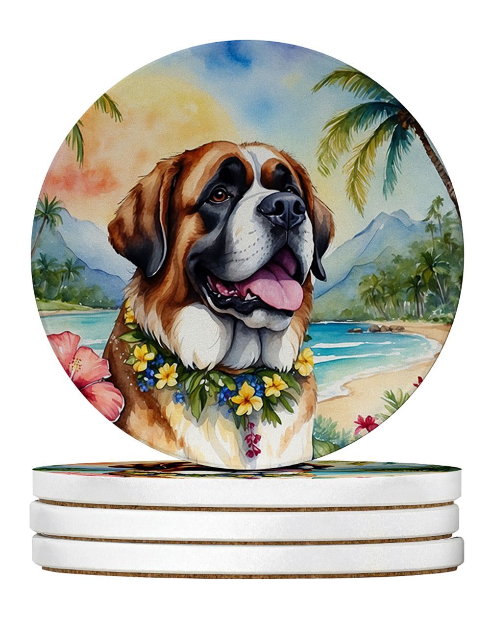 Saint Bernard Luau Large Sandstone Coasters Pack Of 4 Absorbent Round Coasters Decor Gifts For Men Or Women, 4 In, Multicolor_maomaolike.com