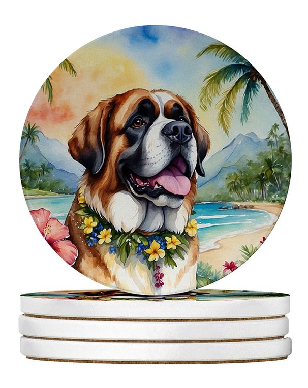 Saint Bernard Luau Large Sandstone Coasters Pack Of 4 Absorbent Round Coasters Decor Gifts For Men Or Women, 4 In, Multicolor_maomaolike.com