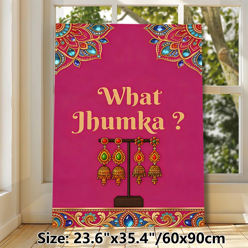 Jhumka Earring Themed Painting Poster, Vibrant Ethnic Style Poster, Pink Background With "What Jhumka?" Text & Ornate Jhumka Display, Cultural_maomaolike.com