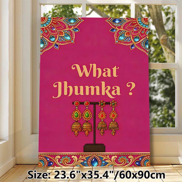 Jhumka Earring Themed Painting Poster, Vibrant Ethnic Style Poster, Pink Background With "What Jhumka?" Text & Ornate Jhumka Display, Cultural_maomaolike.com