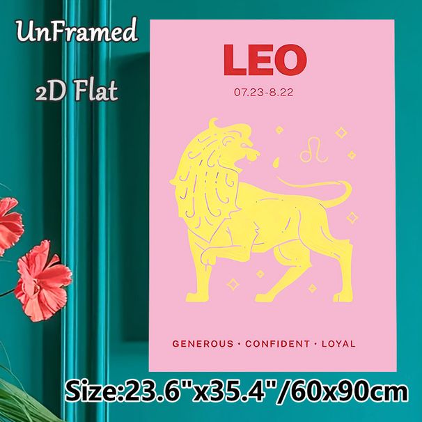 Leo Zodiac Painting Poster, Soft Pastel Style Yellow Lion With Zodiac Traits Poster, Features Leo's Birth Date And Core Traits, Ideal For Bedroom And_maomaolike.com