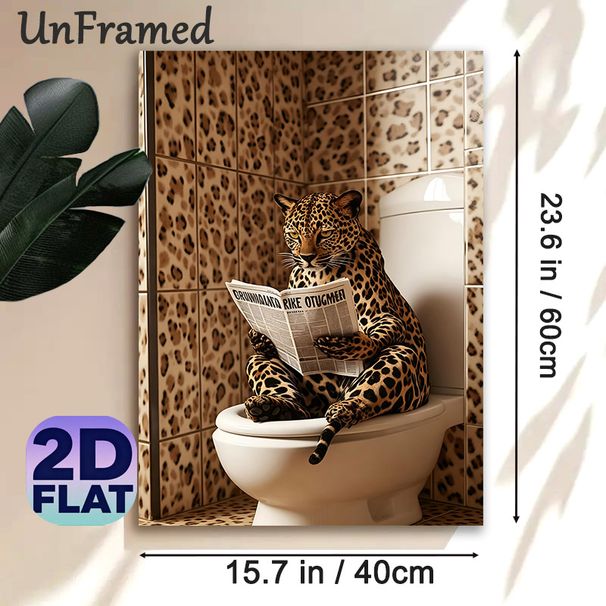 Leopard On Toilet Painting Poster, Whimsical Anthropomorphic Leopard Reading Newspaper Poster, Playful Humorous Decor Option For Bathroom_maomaolike.com