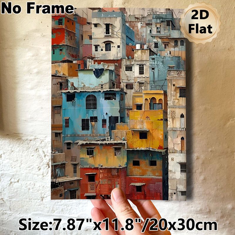 Colorful Stacked Urban Buildings Painting Poster, Weathered Rustic Dense Cityscape Poster, Brings Rich Cultural Urban Vibe Ideal For Living Room_maomaolike.com