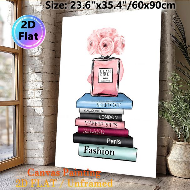 Fashion & Perfume Themed Painting Poster, Soft Watercolor-style Stylish Poster, Pink Perfume Bottle With Pink Flowers Atop Fashion Books, Elegant_maomaolike.com