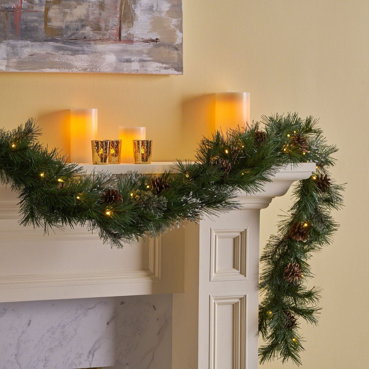 2 Set Of 9 Ft Cashmere And Snow Bristle Garland With 20 Pine Cones And With 50 Warm White LED Lights With Timer Battery Operated-Outdoor,160 Tips_maomaolike.com