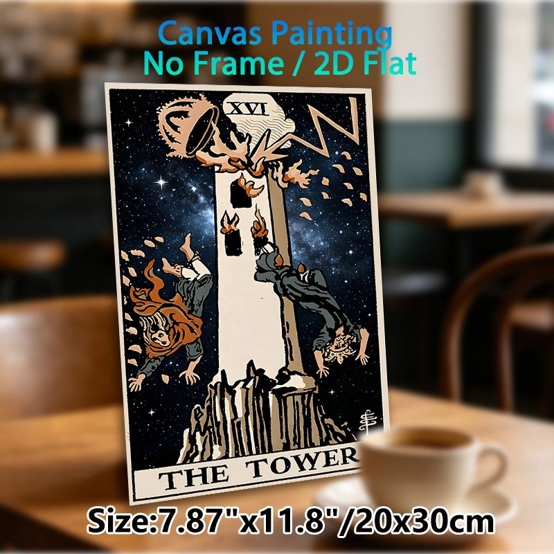 The Tower Tarot Card Painting Poster, Vintage Illustrated Tarot Scene Poster, Classic Occult Artwork With Starry Backdrop, Ideal For Mystical Home_maomaolike.com