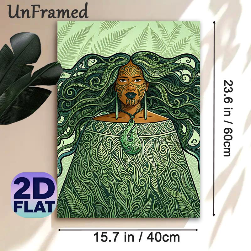 Indigenous Polynesian Woman Painting Poster, Intricate Ethnic Tribal Style Poster, Unique Cultural Design With Green Fern Motifs & Traditional_maomaolike.com