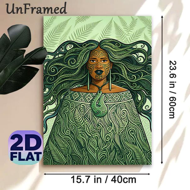 Indigenous Polynesian Woman Painting Poster, Intricate Ethnic Tribal Style Poster, Unique Cultural Design With Green Fern Motifs & Traditional_maomaolike.com