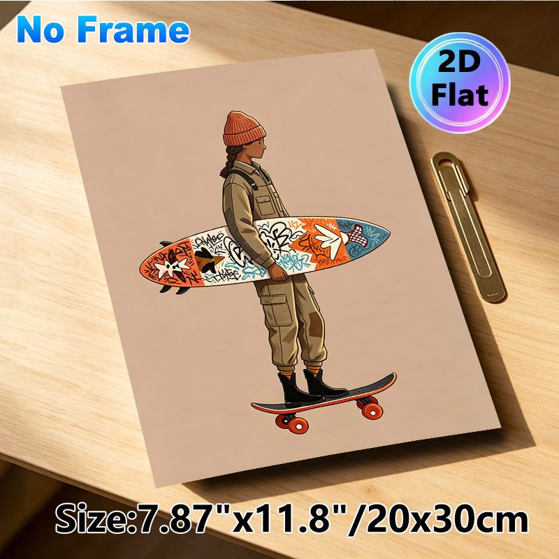 Skateboarding & Surfing Themed Painting Poster, Vibrant Cartoon Style Poster, Trendy Urban Design With Figure Holding Graffiti Surfboard On_maomaolike.com