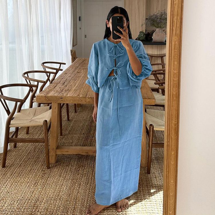 Women's Clothing new retro tea style outfit a complete set of puff sleeve shirt suit summer women's skirt_maomaolike.com