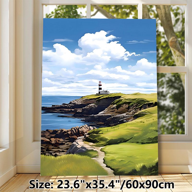 Coastal Lighthouse Painting Poster, Vibrant Idyllic Coastal Landscape Poster, Peaceful Ocean-side Artwork Ideal For Living Room, Bedroom Or Office_maomaolike.com