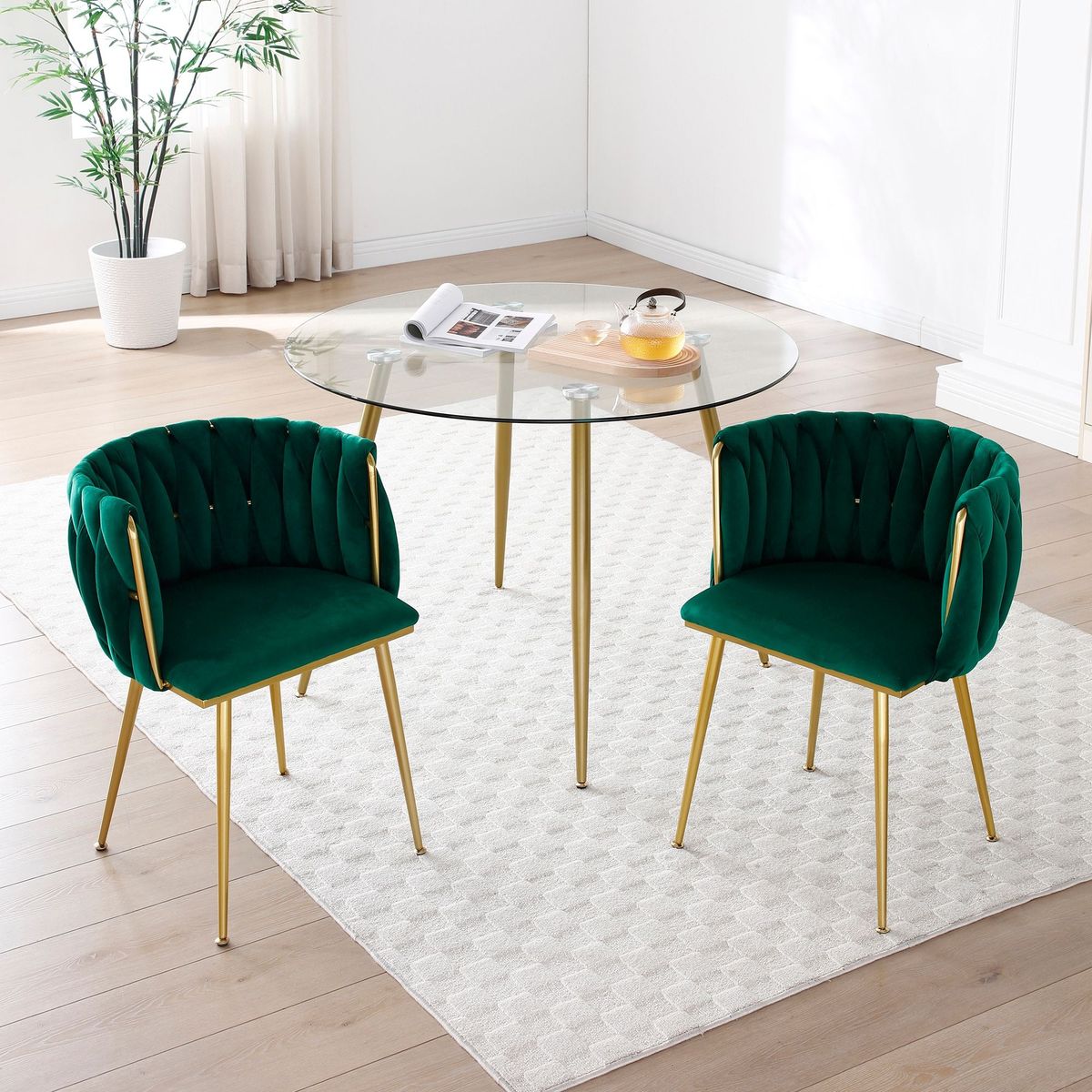 Modern Velvet Dining Chairs Set Of 2, Upholstered Woven Dining Chair With Golden Metal Legs, Upholstered Dining Chairs For Dining Room, Kitchen, Vanity, Living Room_maomaolike.com